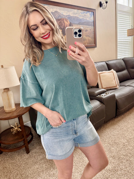 Teal Acid Wash Boyfriend Fit Tee