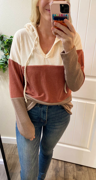 Rust Colorblock Ribbed Hooded Long Sleeve