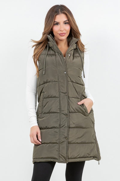 Black or Olive Hooded Puff Long Vest with Faux Fur Lining
