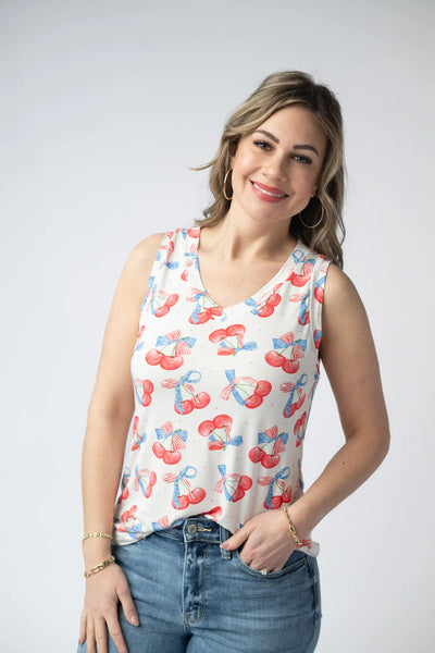 MM Cherry Sleeveless V-Neck Top