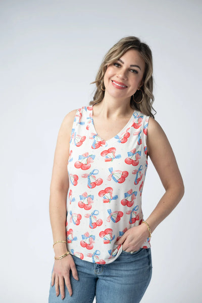 MM Cherry Sleeveless V-Neck Top