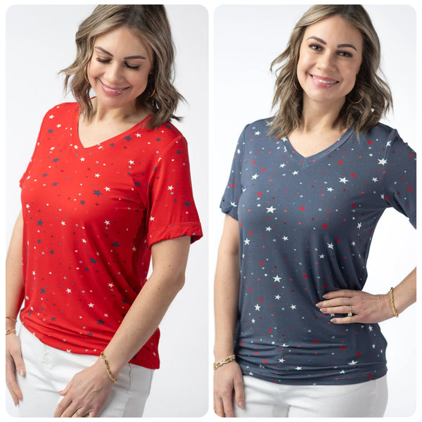 MM Star Cuffed Short Sleeve Top (Red or Blue)