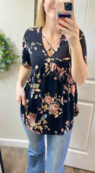 Crisscross Neck Floral Babydoll Top