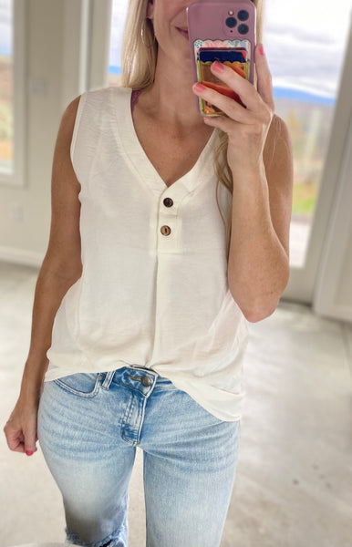 Textured Button V-Neck Tank