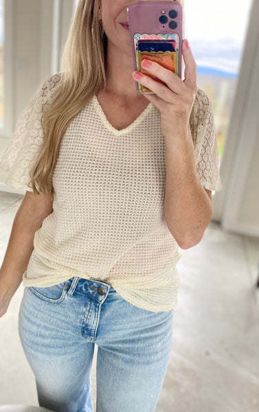 Waffle V-neck Flutter Sleeve Top