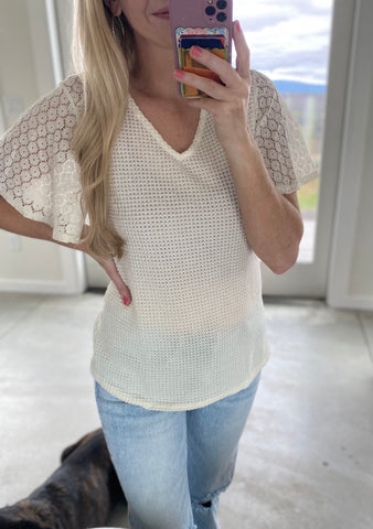 Waffle V-neck Flutter Sleeve Top