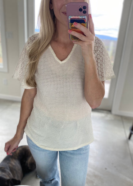 Waffle V-neck Flutter Sleeve Top