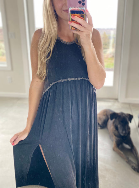 POL Stone Washed Side Slit Maxi Dress