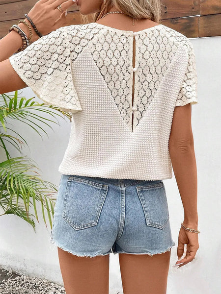 Waffle V-neck Flutter Sleeve Top