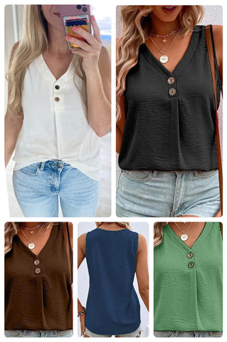 Textured Button V-Neck Tank