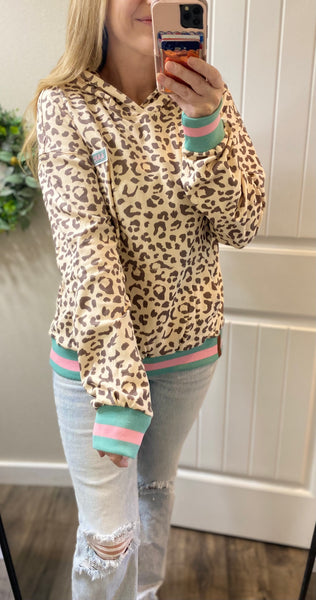 Ampersand Ave Oversized Leopard Mint/Pink Accent Hoodie