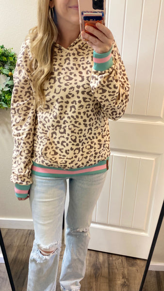 Ampersand Ave Oversized Leopard Mint/Pink Accent Hoodie