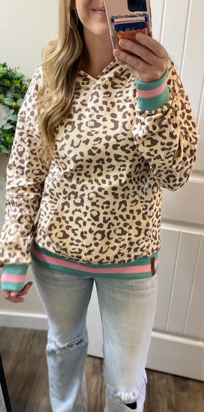 Ampersand Ave Oversized Leopard Mint/Pink Accent Hoodie