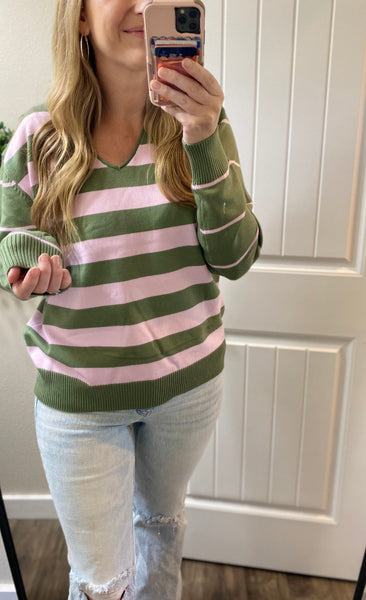 Ampersand Ave. Sage/Pink Stripe Sweater