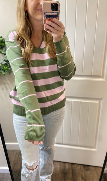 Ampersand Ave. Sage/Pink Stripe Sweater