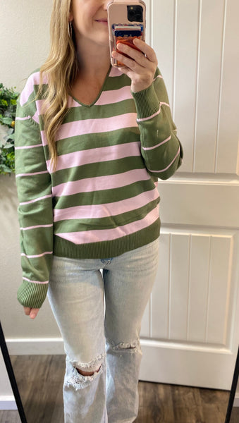 Ampersand Ave. Sage/Pink Stripe Sweater
