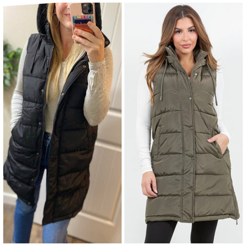 Black or Olive Hooded Puff Long Vest with Faux Fur Lining