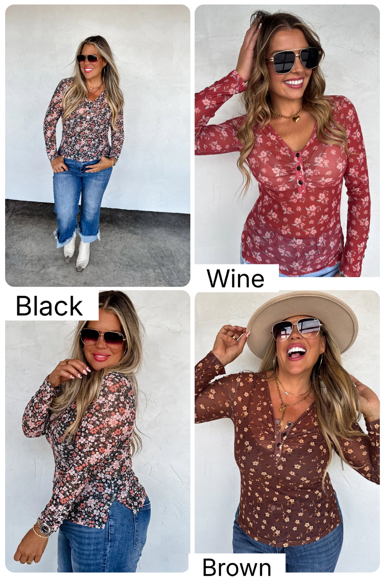 PREORDER Floral Vneck Mesh Henley Top