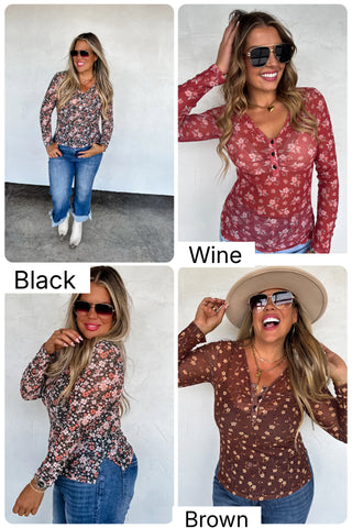 PREORDER Floral Vneck Mesh Henley Top