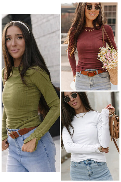 Ampersand Ave. Lace Accent Long Sleeves (White, Brick, Moss)