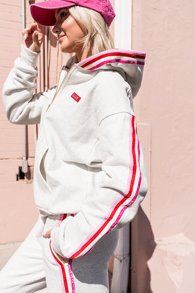 Luxe Pink Track Stripe Cozy Full Zip Hoodie