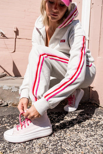 Luxe Pink Track Stripe Cozy Full Zip Hoodie