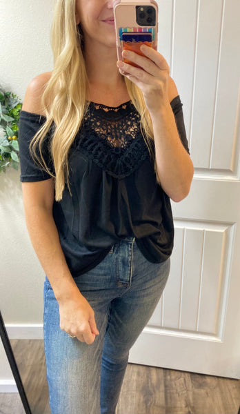 Black Crochet Neck Cold Shoulder Top