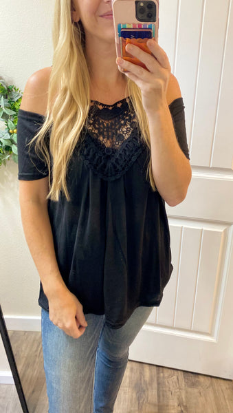 Black Crochet Neck Cold Shoulder Top