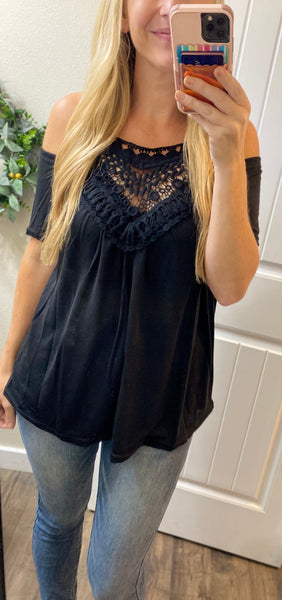 Black Crochet Neck Cold Shoulder Top