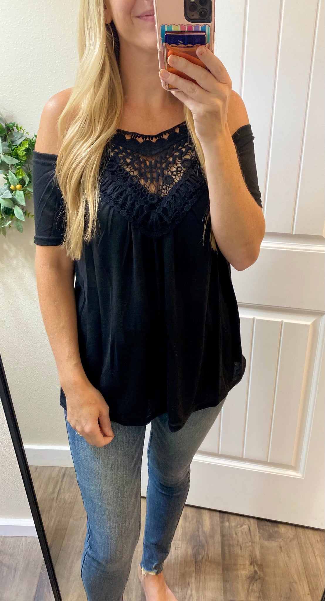 Black Crochet Neck Cold Shoulder Top