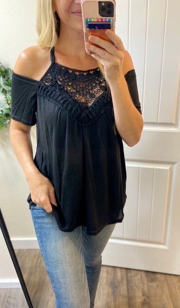 Black Crochet Neck Cold Shoulder Top