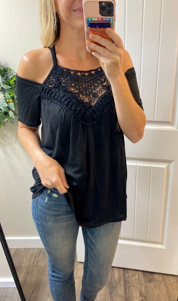 Black Crochet Neck Cold Shoulder Top