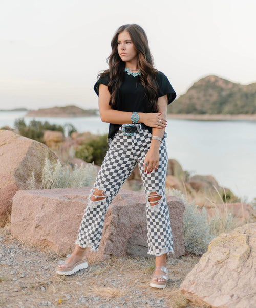 SK Checkered or Leopard Distress Denim