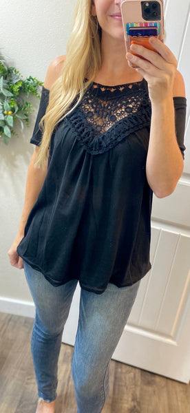 Black Crochet Neck Cold Shoulder Top
