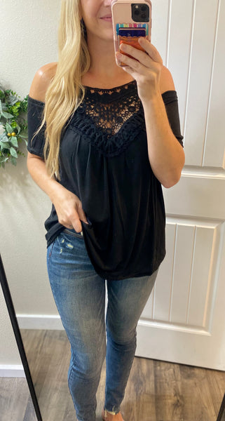 Black Crochet Neck Cold Shoulder Top