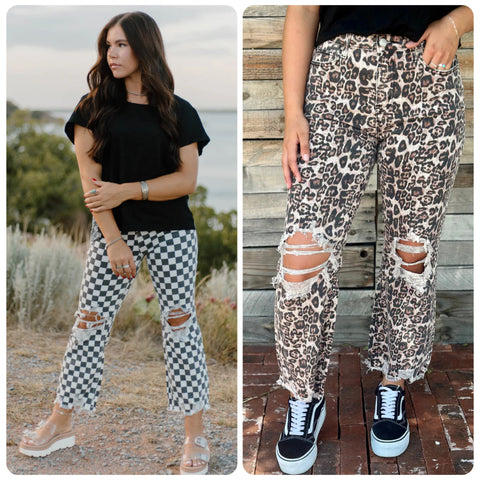 SK Checkered or Leopard Distress Denim