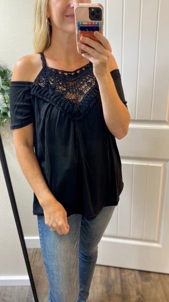 Black Crochet Neck Cold Shoulder Top