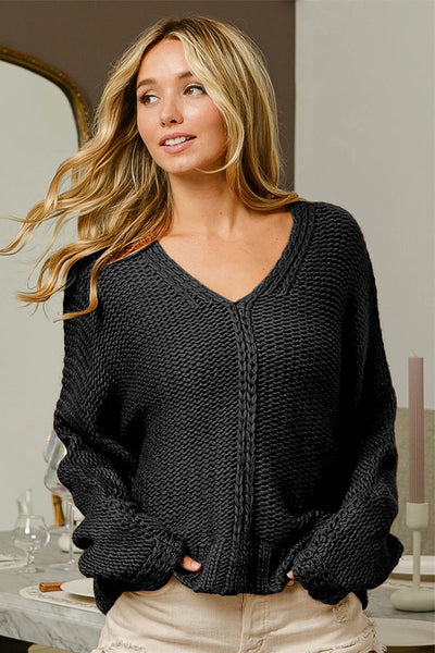 Black V-neck Cable Sweater