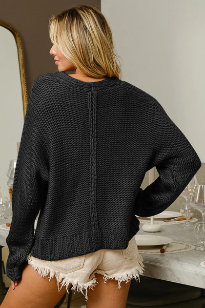 Black V-neck Cable Sweater