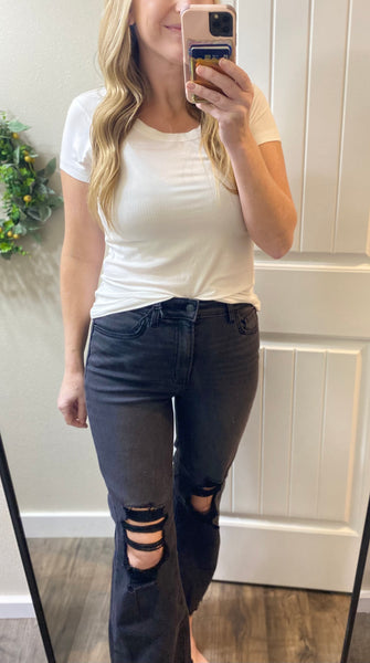 Black Washed Distressed Crop Denim