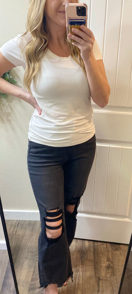 Black Washed Distressed Crop Denim