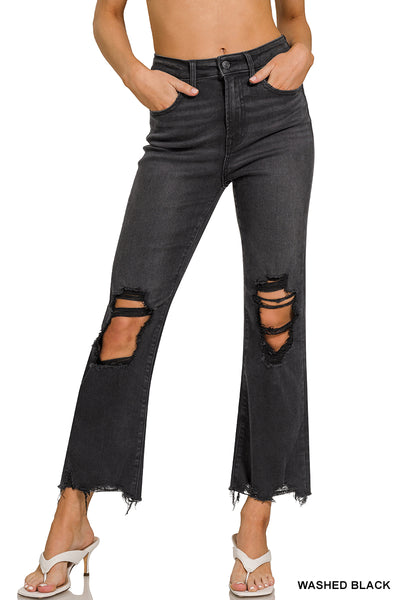 Black Washed Distressed Crop Denim