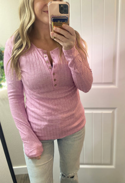 Soft Pink Ribbed Button Long Sleeves
