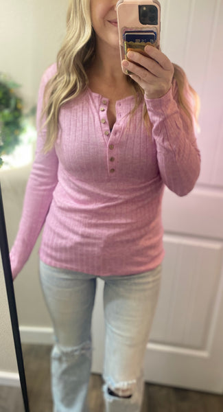 Soft Pink Ribbed Button Long Sleeves