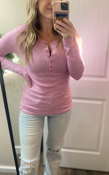 Soft Pink Ribbed Button Long Sleeves