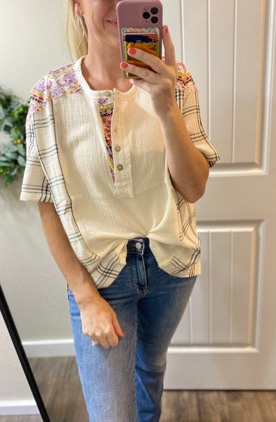 Plaid 1/2 Button Gauze Top