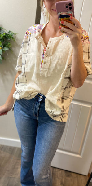 Plaid 1/2 Button Gauze Top