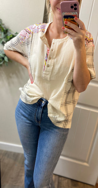 Plaid 1/2 Button Gauze Top