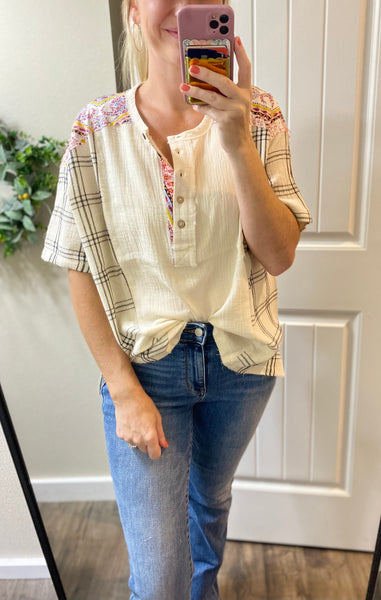 Plaid 1/2 Button Gauze Top