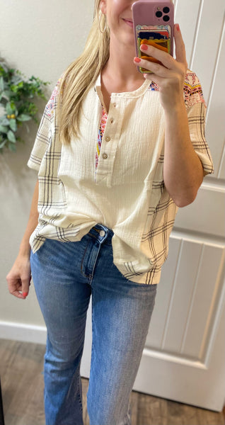 Plaid 1/2 Button Gauze Top